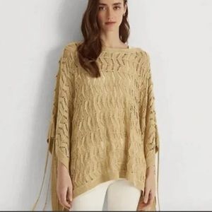 Ralph Lauren tan open weave poncho sweater w lacing from shoulder & tassel tie *